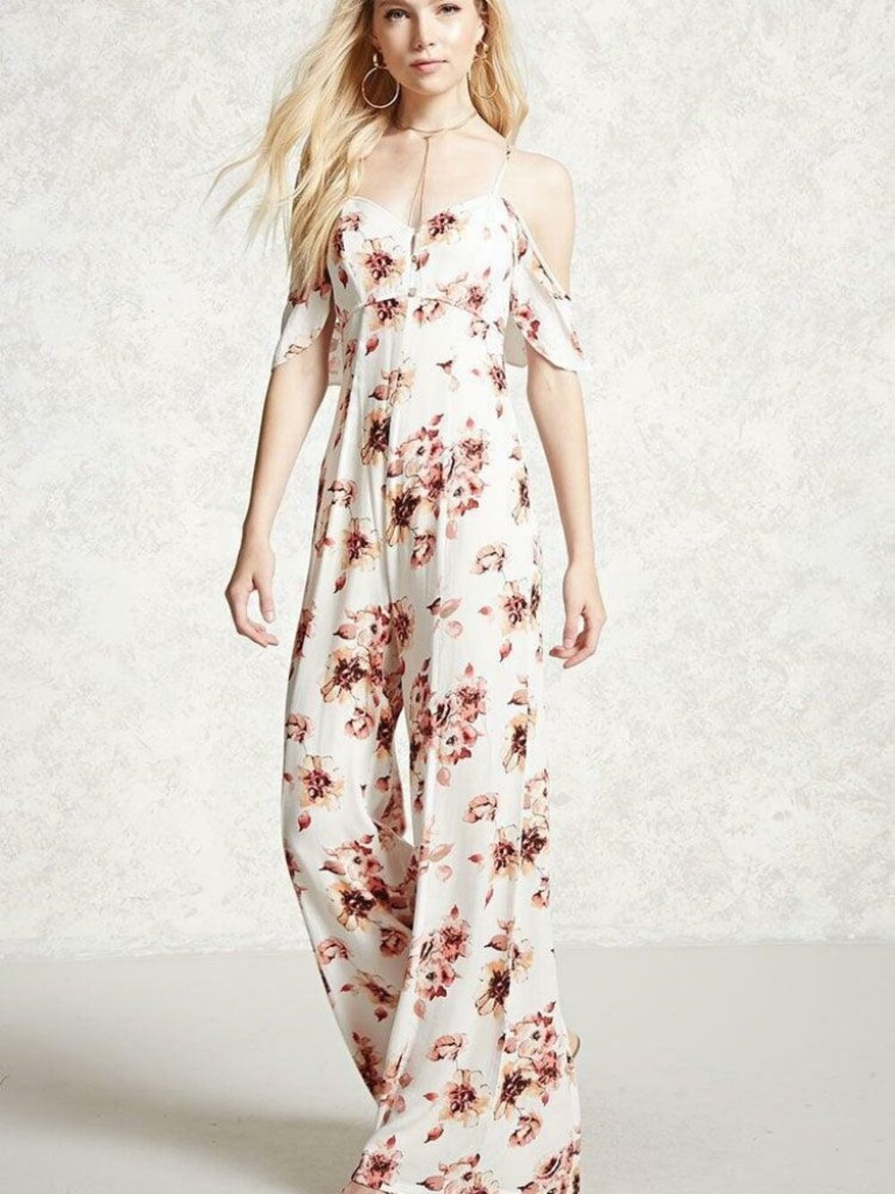 Forever 21 Ivory Pink Contemporary Floral Jumpsuit S/M